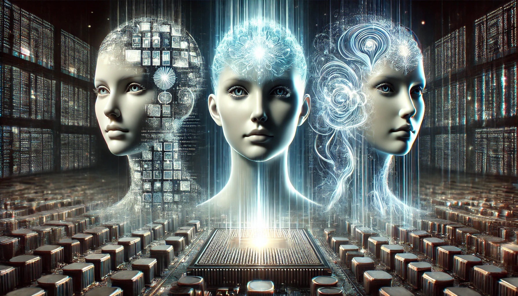 Three translucent humanoid heads rendered in distinct AI-inspired styles, rising above a glowing processor within a server hall