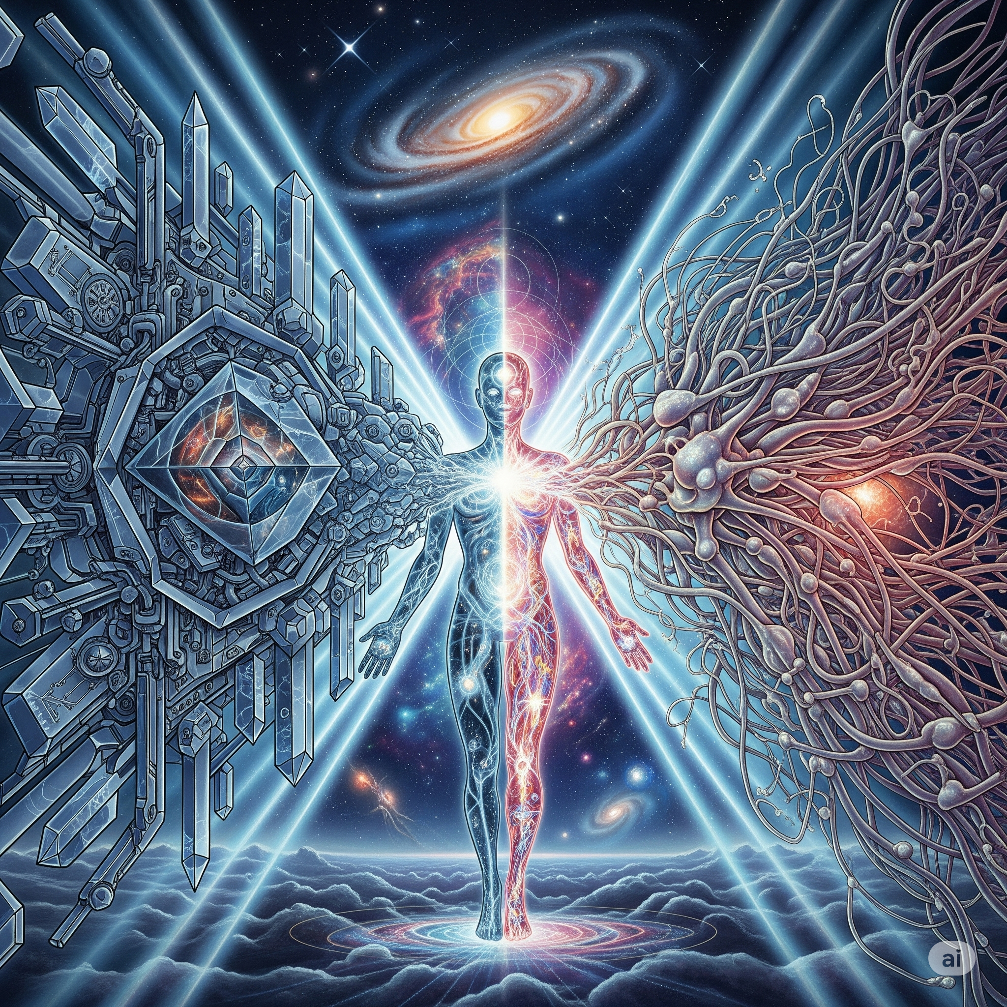 A figure split between crystalline symbolic architecture on one side and organic neural structure on the other, unified by a beam of light