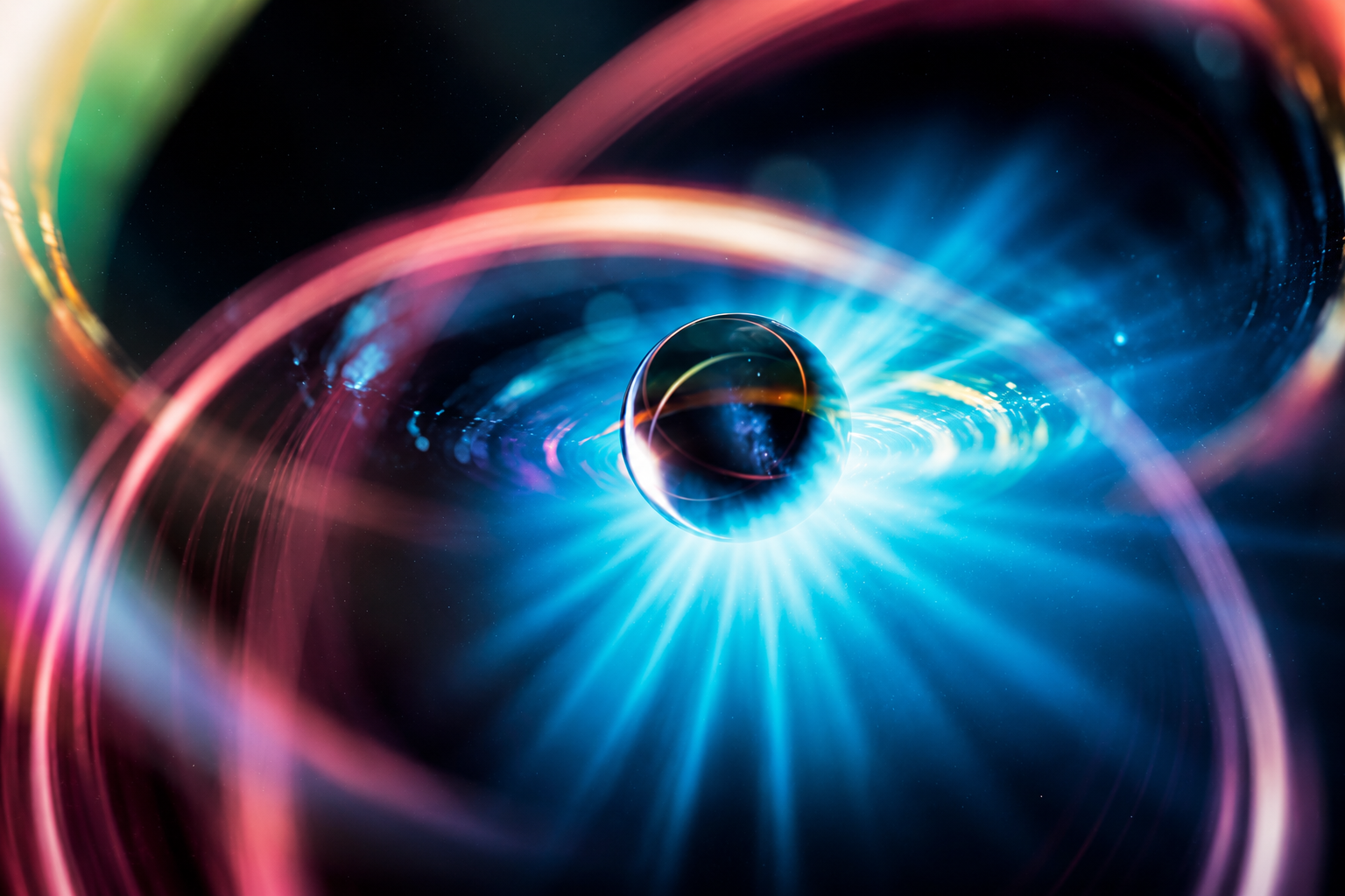 Macro photograph of colorful light rings converging on a glowing orb, symbolizing the human presence at the center of the system