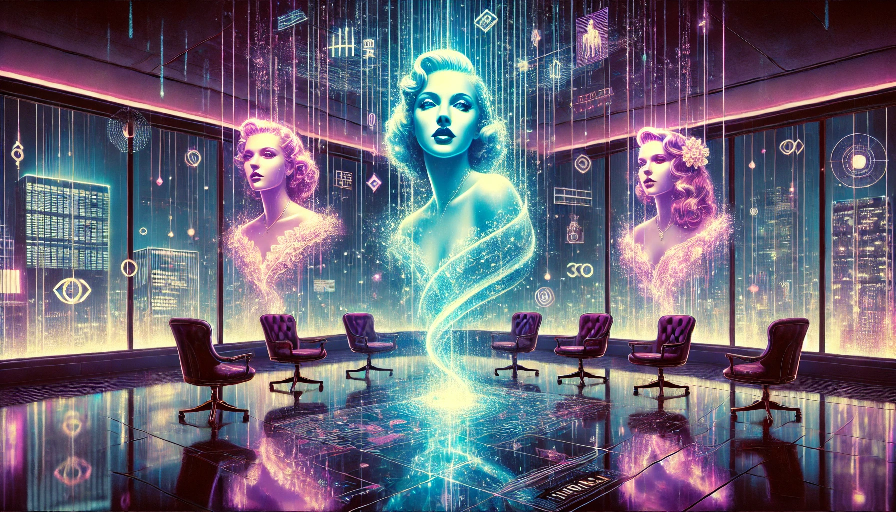 Illustrated portrait of a serene face wrapped in a golden network of connected nodes, hovering above the Earth