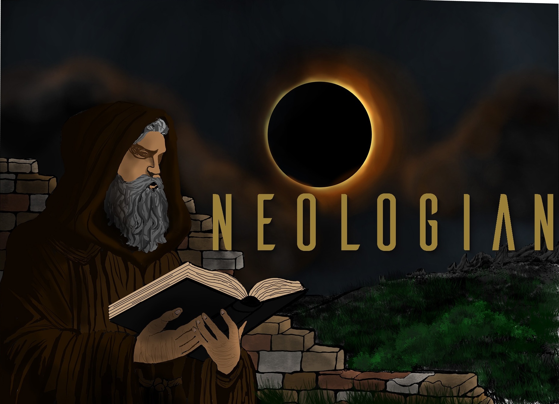Neologian — illustrated hooded figure reading beneath a solar eclipse